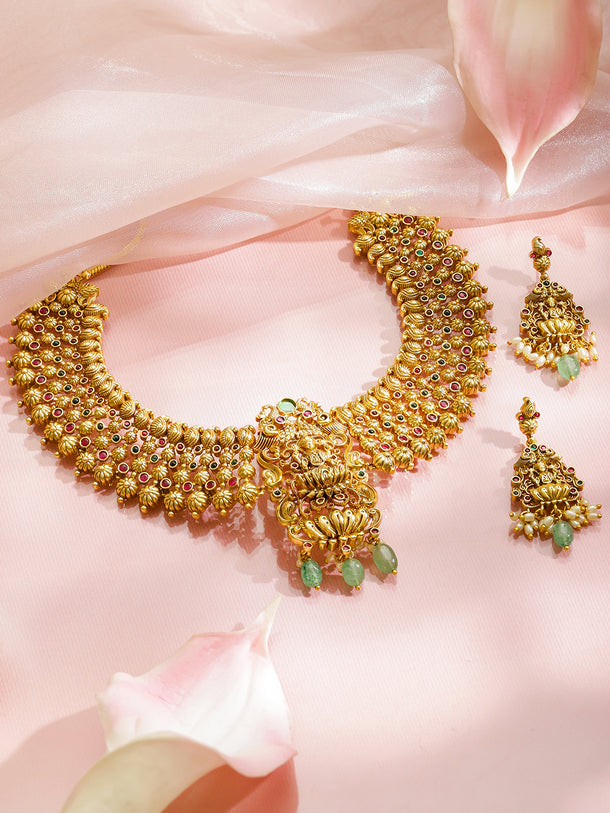 Red & Green Studded Laxmi Motif Necklace Set