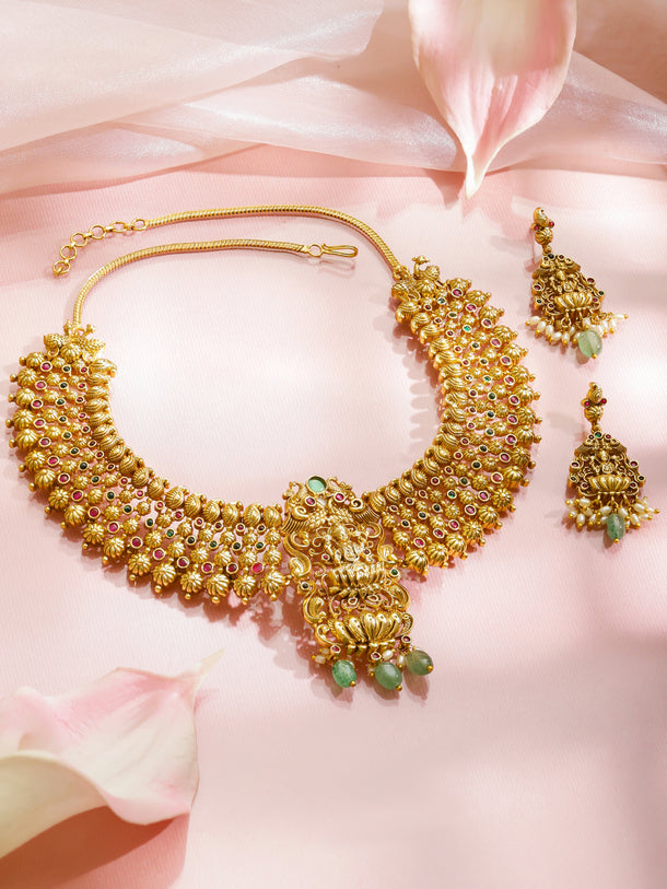 Red & Green Studded Laxmi Motif Necklace Set