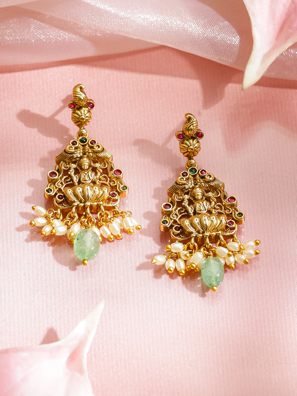 Red & Green Studded Laxmi Motif Necklace Set