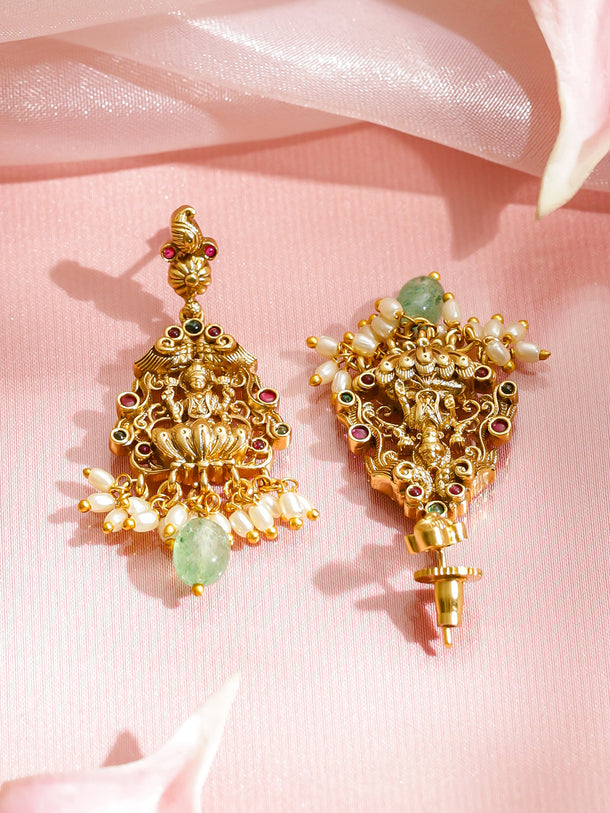 Red & Green Studded Laxmi Motif Necklace Set