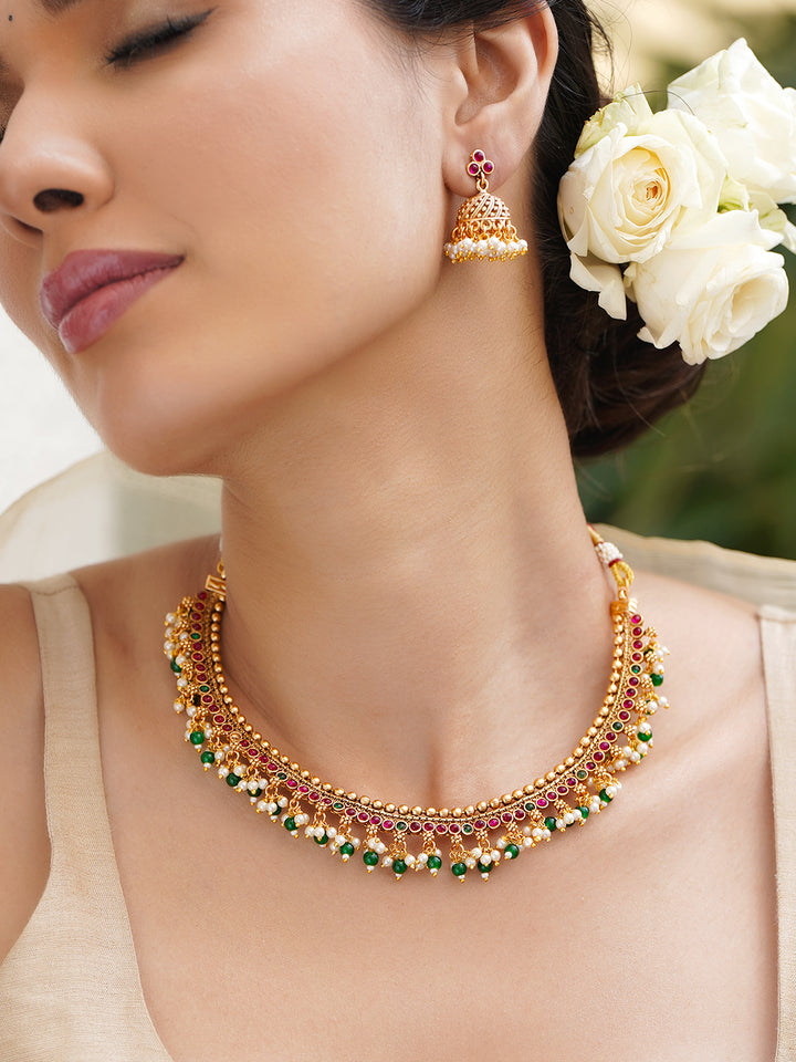 Festive Wear Pink Green Necklace Set