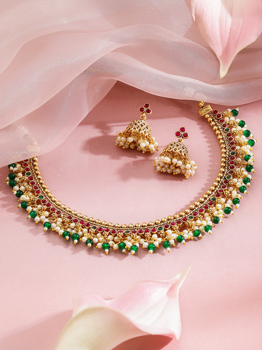 Festive Wear Pink Green Necklace Set