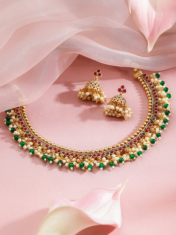 Festive Wear Pink Green Necklace Set
