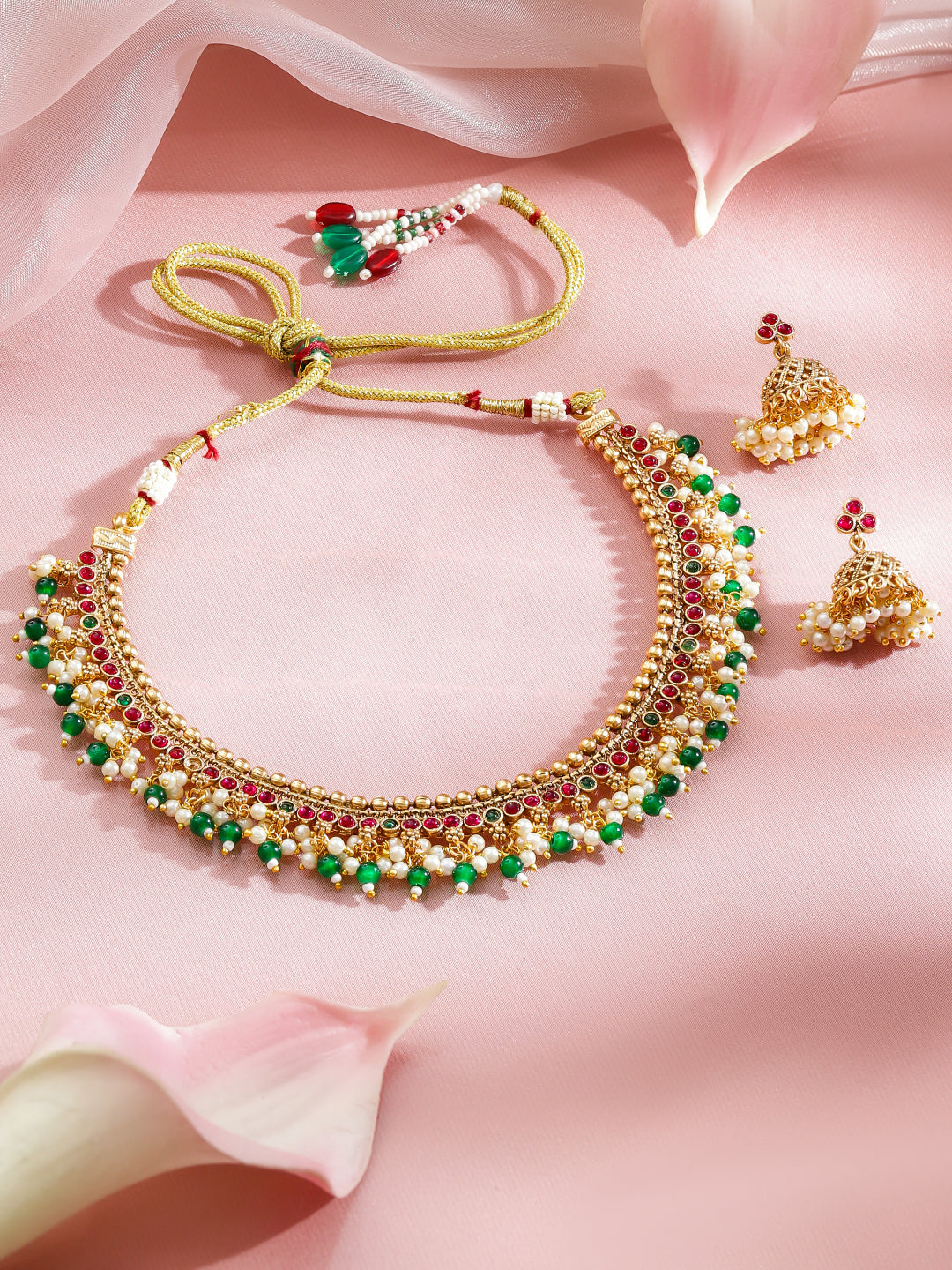 Festive Wear Pink Green Necklace Set