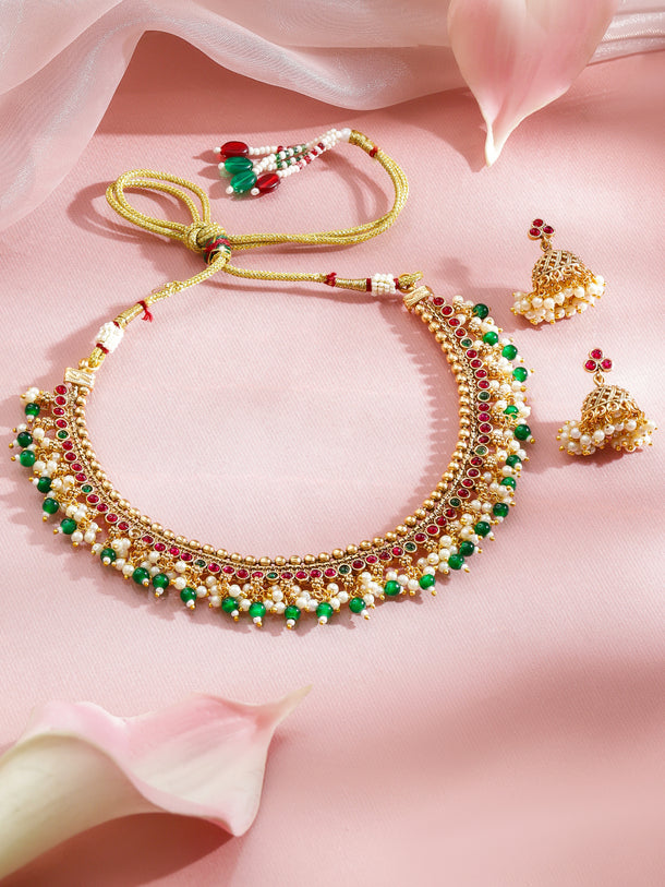 Festive Wear Pink Green Necklace Set