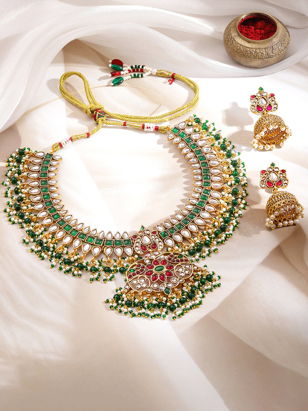 Royal Garden Bloom Dark Pink & Green Necklace Set