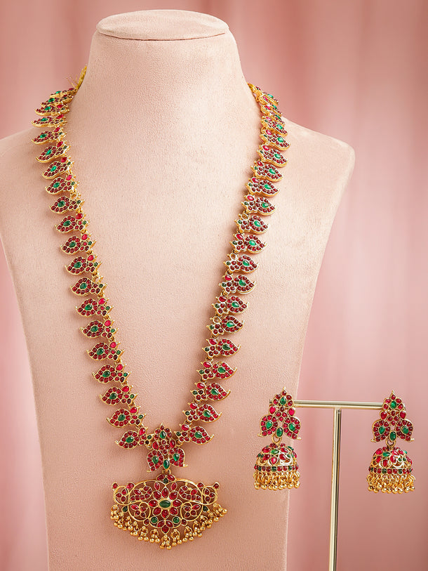 Pink & Green Studded Leaf Motif Necklace Set