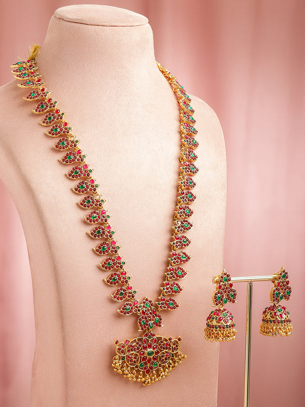 Pink & Green Studded Leaf Motif Necklace Set