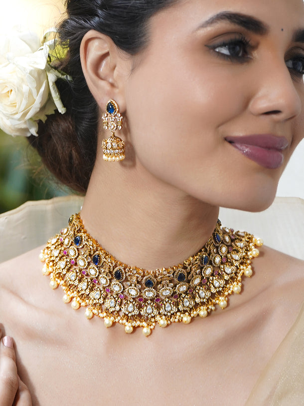 Multicolour studded Pearl Drop Gold Choker Set