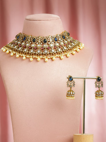 Multicolour studded Pearl Drop Gold Choker Set