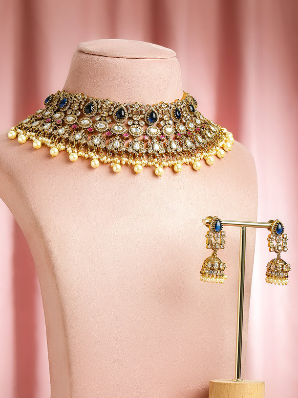 Multicolour studded Pearl Drop Gold Choker Set