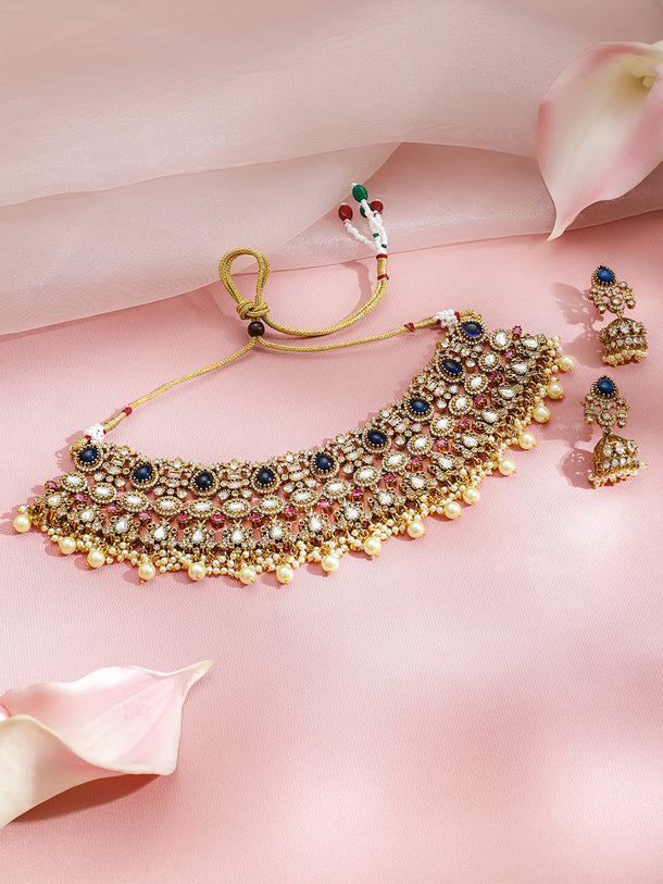 Multicolour studded Pearl Drop Gold Choker Set