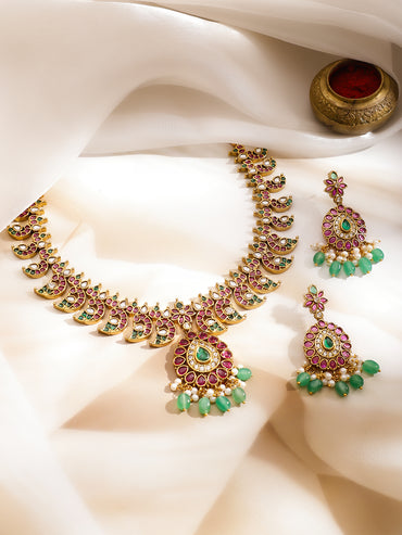 Pink & Green Shimmer Golden Necklace Set