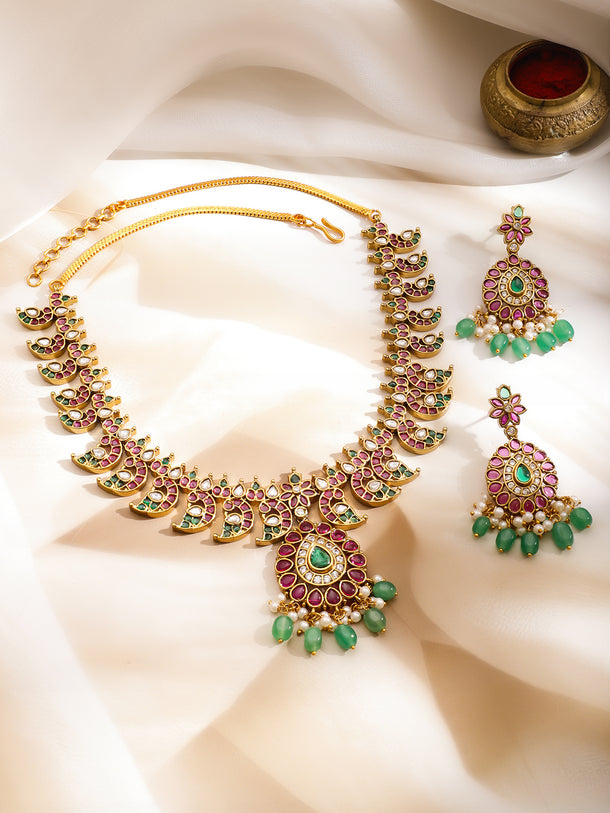 Pink & Green Shimmer Golden Necklace Set