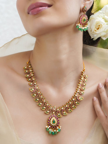 Pink & Green Shimmer Golden Necklace Set