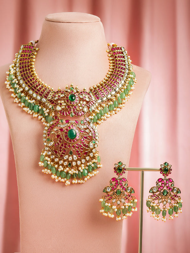Pink Studded Pearl Green Beaded Necklace Set