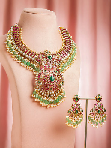 Pink Studded Pearl Green Beaded Necklace Set