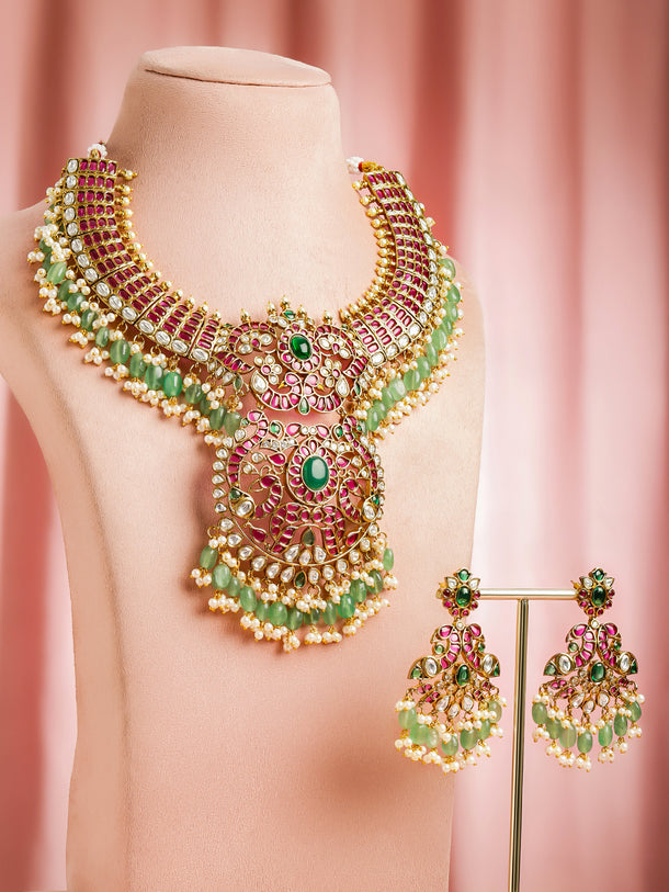 Pink Studded Pearl Green Beaded Necklace Set