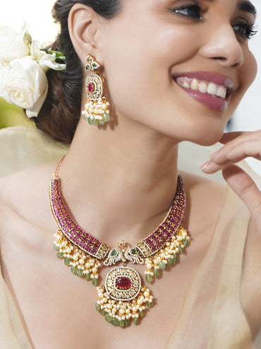 American Diamond Zirconia Multicolor Pearl Necklace Set