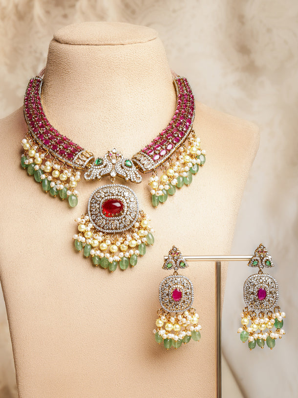 American Diamond Zirconia Multicolor Pearl Necklace Set