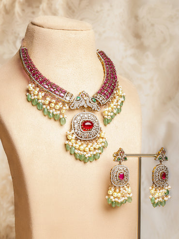 American Diamond Zirconia Multicolor Pearl Necklace Set