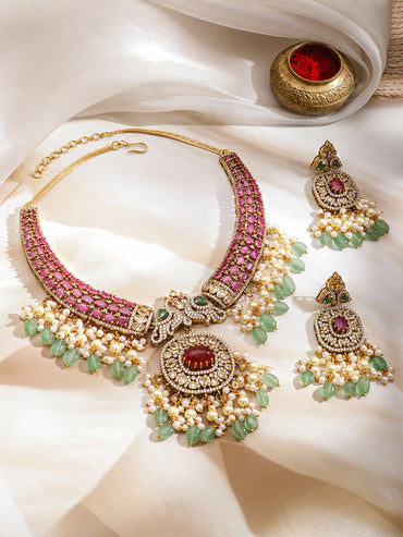 American Diamond Zirconia Multicolor Pearl Necklace Set