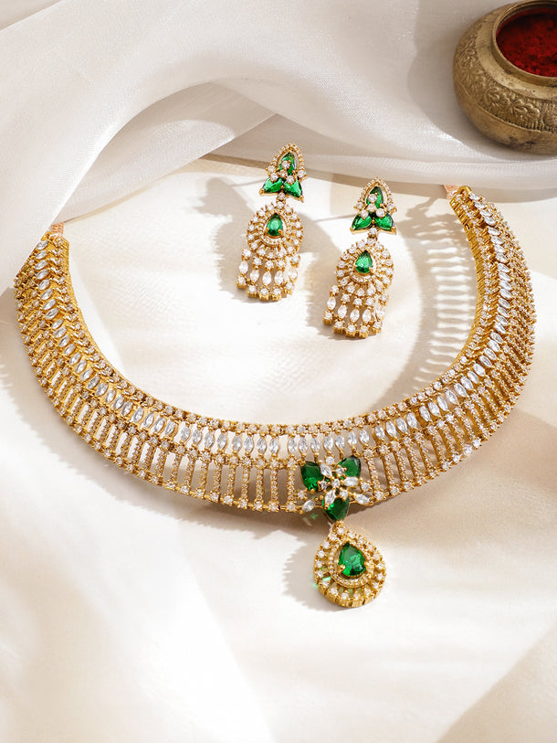 American Diamond Zirconia White & Green Necklace Set