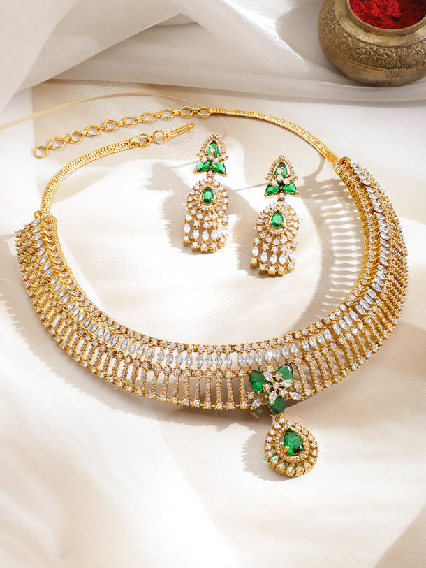 American Diamond Zirconia White & Green Necklace Set