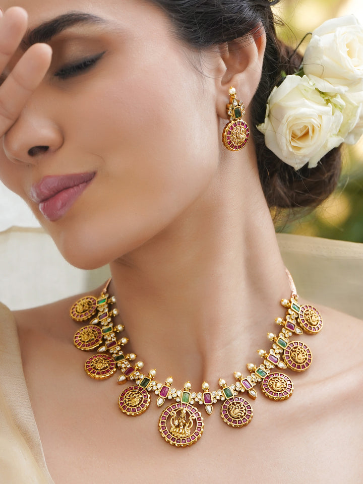 Pink-Green Blessings Lakshmi Necklace Set