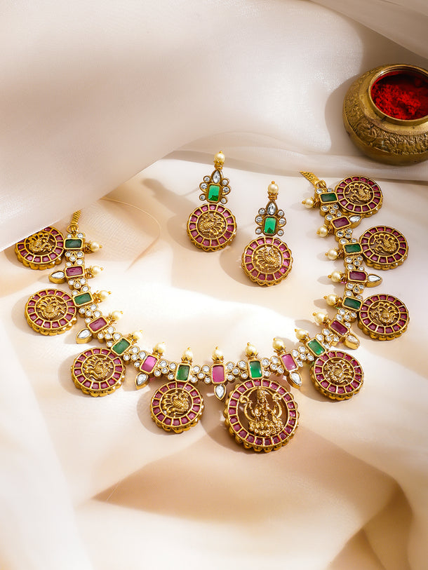 Multicolor Studded Laxmi Motif Necklace Set