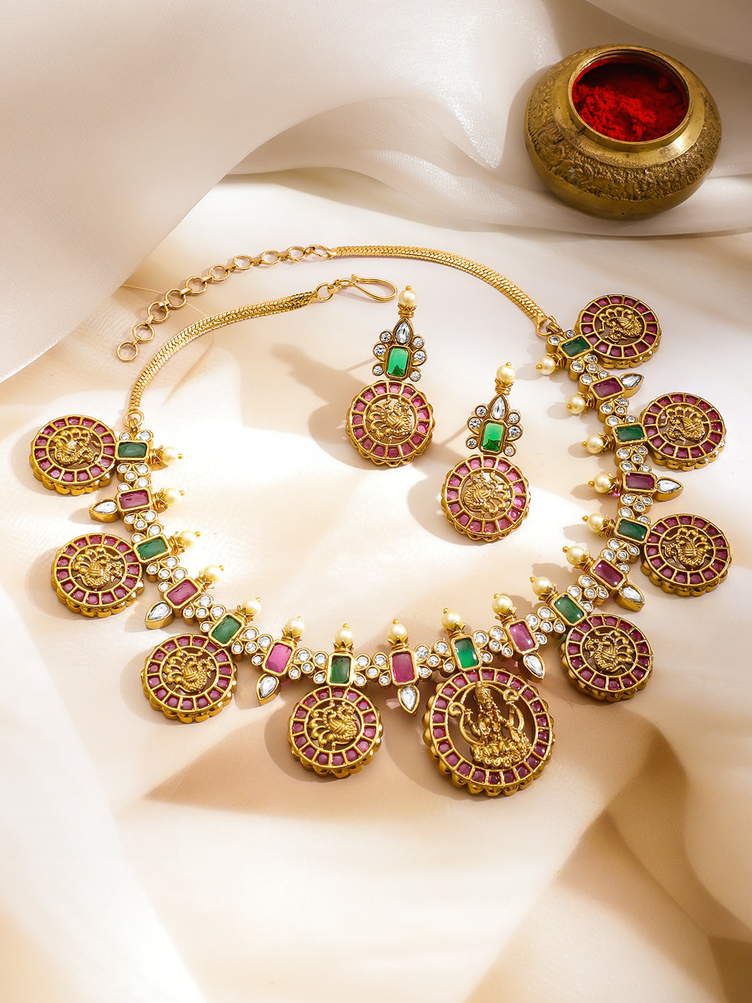 Multicolor Studded Laxmi Motif Necklace Set