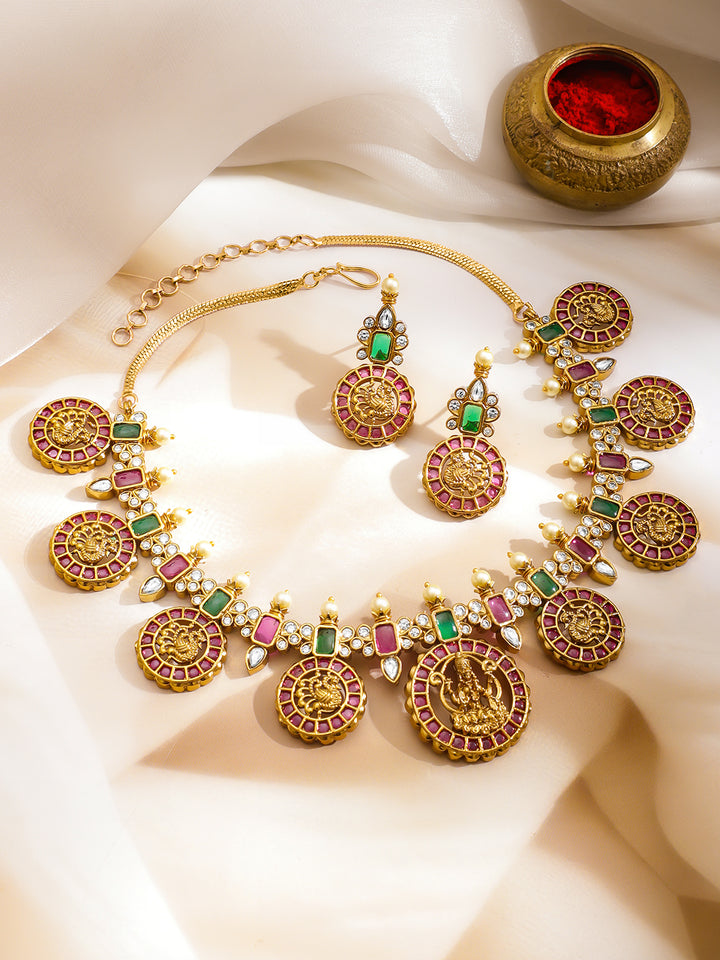 Pink-Green Blessings Lakshmi Necklace Set