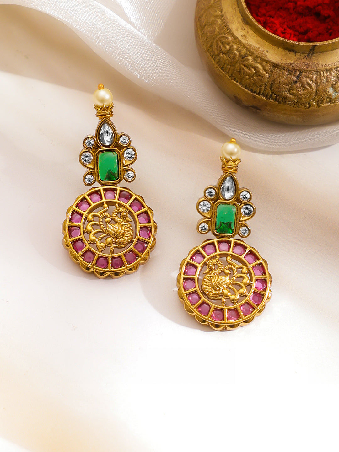Pink-Green Blessings Lakshmi Necklace Set