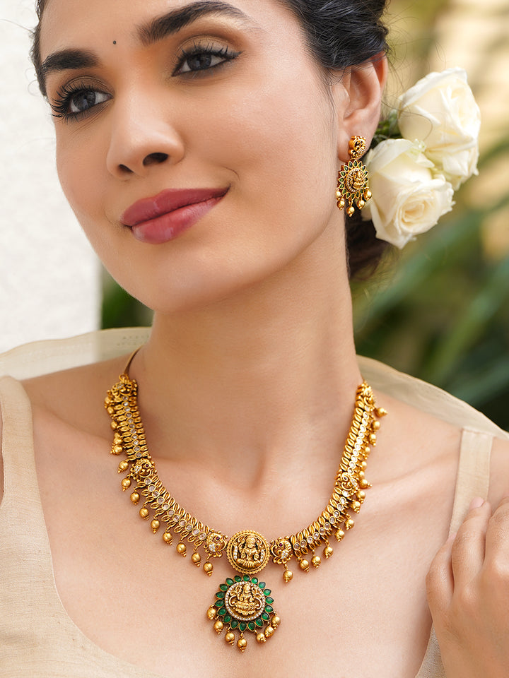 Golden Green Temple Lakshmi Necklace Set