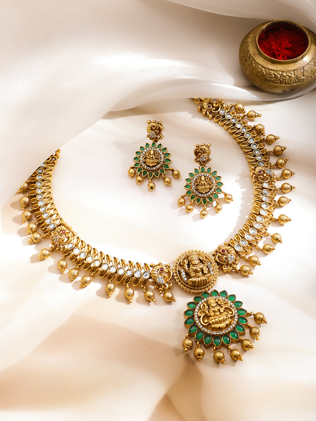 Golden Green Temple Lakshmi Necklace Set