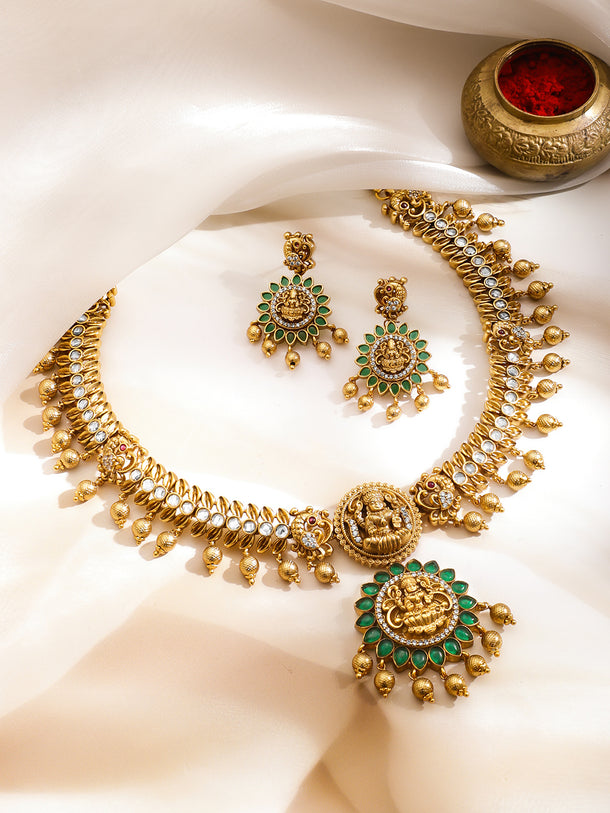 Green & White Studded Laxmi Motif Necklace Set