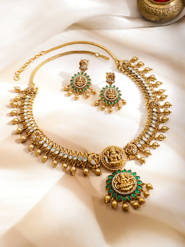 Green & White Studded Laxmi Motif Necklace Set