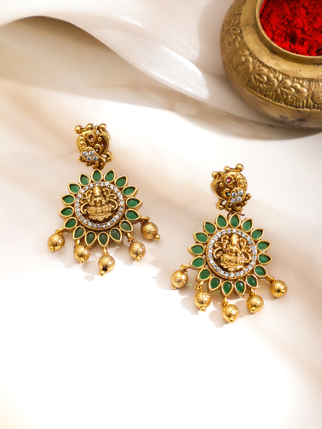 Golden Green Temple Lakshmi Necklace Set