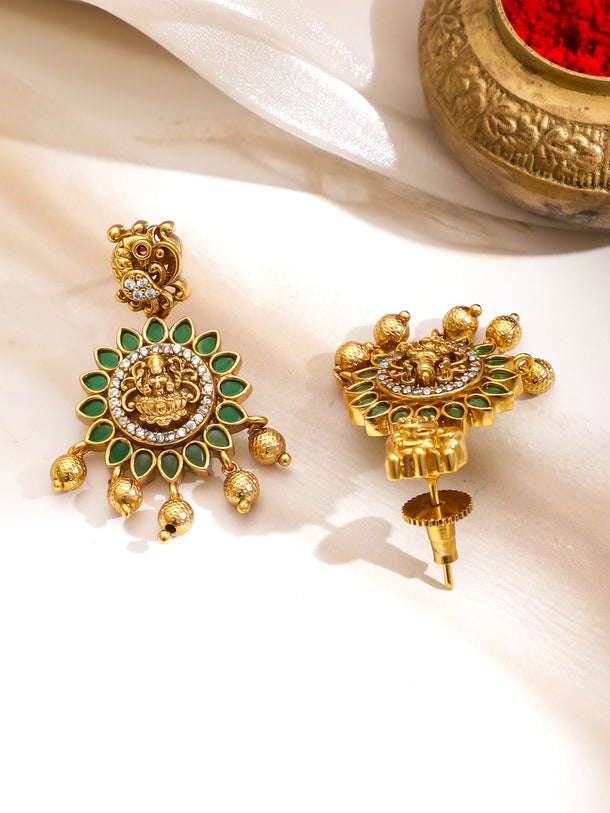 Green & White Studded Laxmi Motif Necklace Set