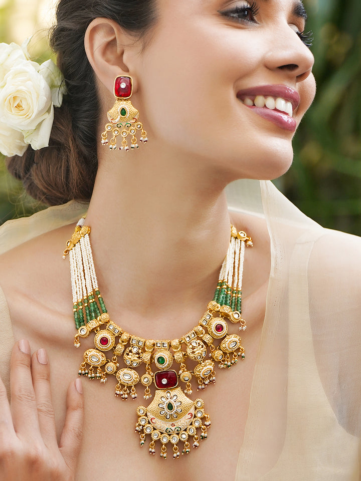 Green-Pink Majesty Kundan Necklace Set