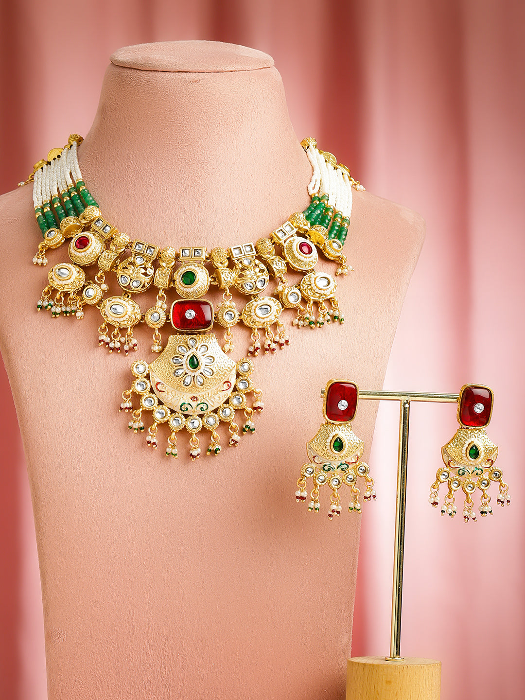 Green-Pink Majesty Kundan Necklace Set