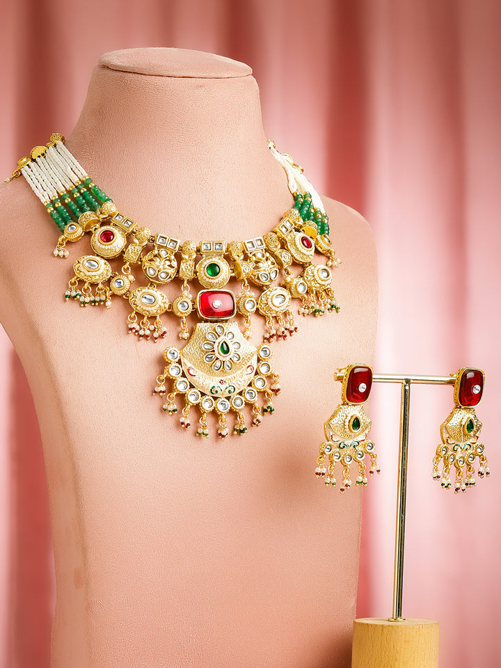 Green-Pink Majesty Kundan Necklace Set