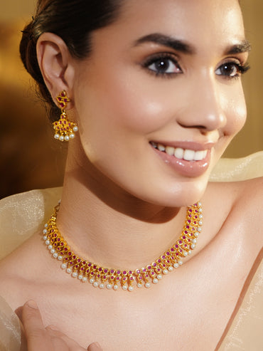 Pink Studded Pearl Drop Necklace Set