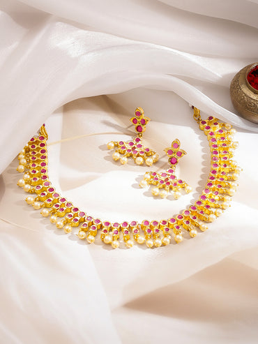 Pink Studded Pearl Drop Necklace Set