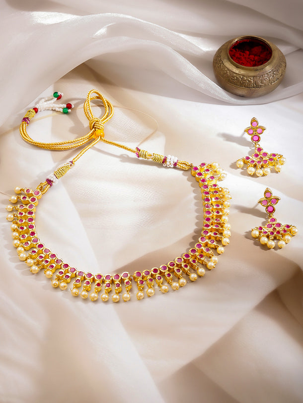 Pink Studded Pearl Drop Necklace Set