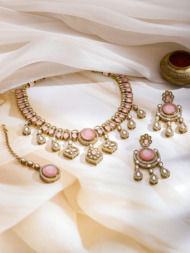 Pink Studded Necklace Set With Maangtikka