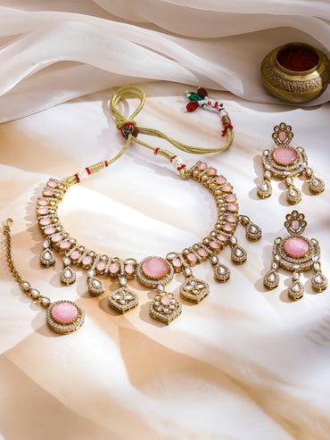 Pink Studded Necklace Set With Maangtikka