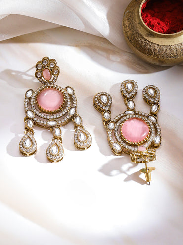 Pink Studded Necklace Set With Maangtikka