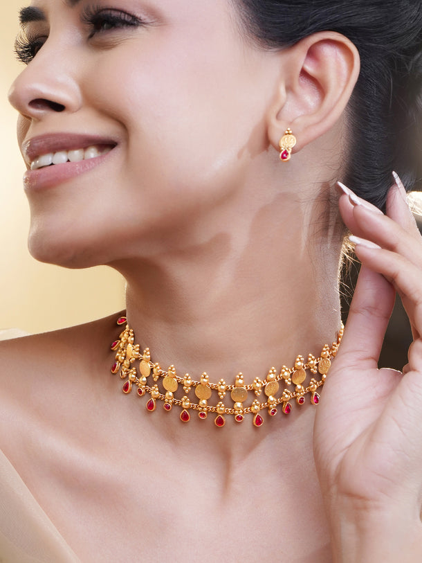 Laxmi Motif Gold Toned Ruby Necklace Set
