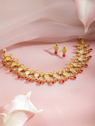 Laxmi Motif Gold Toned Ruby Necklace Set